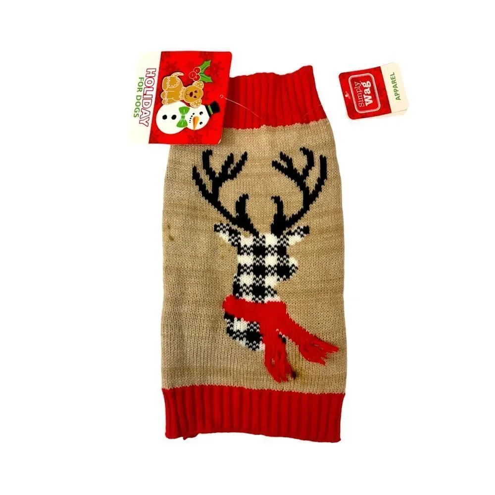 Simply Wag Red and Tan Dog Puppy Deer Holiday Sweater Size Small NWT
